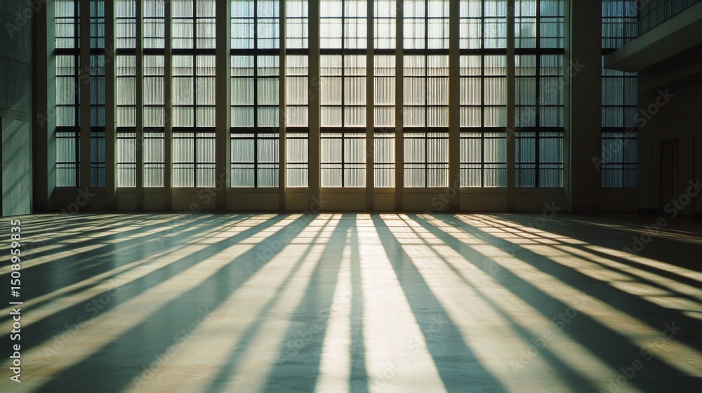 Poster in the center of an empty room, there is light shining through the large windows and creating beauti