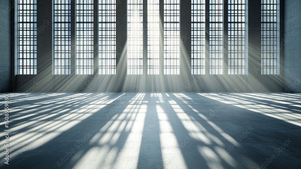Poster in the center of an empty room, there is light shining through the large windows and creating beauti