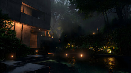 Modern Concrete House In Dark Jungle Garden At Night