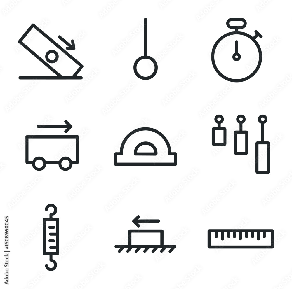 Poster physics experiment icons. outline icon set of physics motion experiments: inclined plane, pendulum b