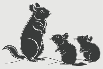 Chinchilla family illustration mother and two babies isolated on background