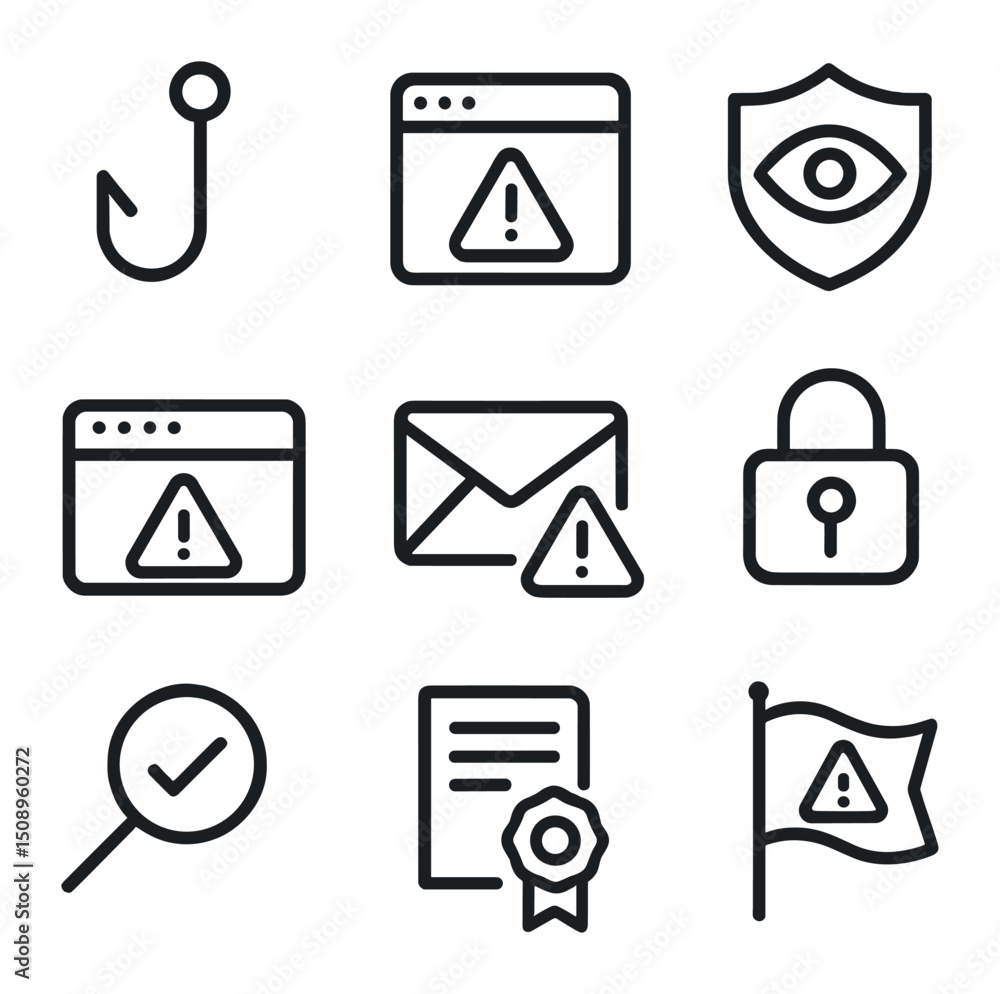 Poster phishing detection icons. outline icon set of phishing detection & safe browsing: phishing hook, fak