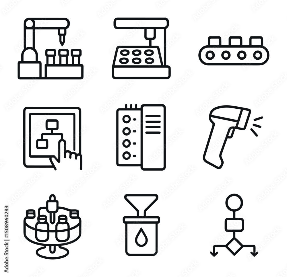 Poster lab automation icons. outline icon set of lab automation systems: robotic liquid handler, autosample