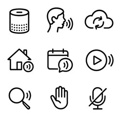 Smart Assistant Icon Set. Outline icon set of smart assistant features: smart speaker, user voice