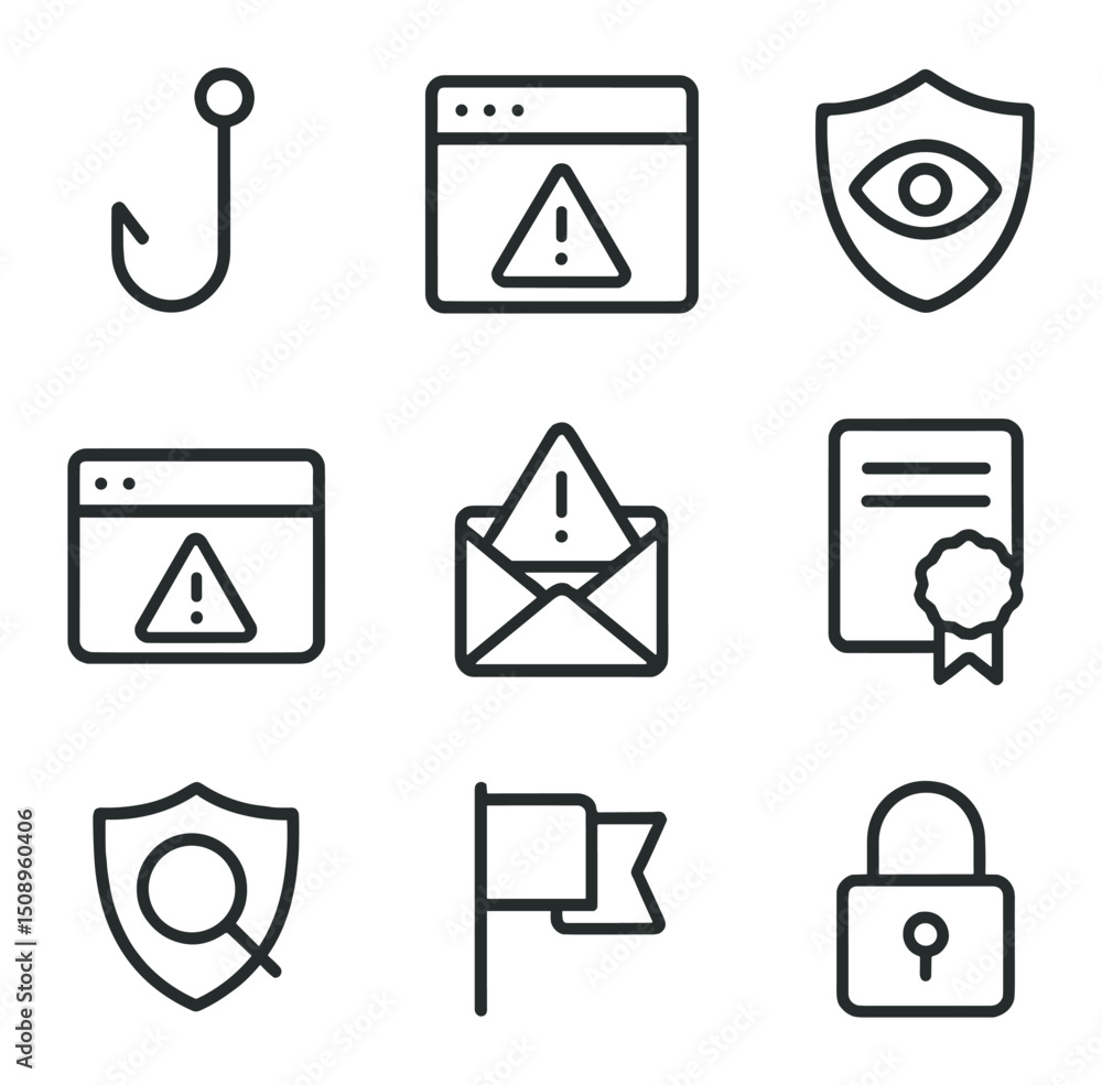 Poster phishing detection icons. outline icon set of phishing detection & safe browsing: phishing hook, fak