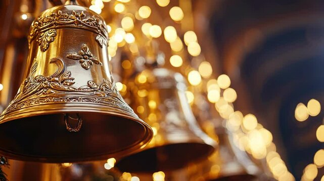 Closeup of golden Christmas bells with bokeh lights for holiday season. Festive background.