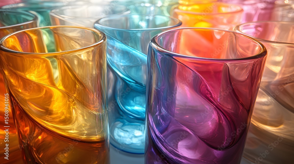 Poster a mesmerizing array of colored glasses creates an abstract theme, with light dancing and reflecting 