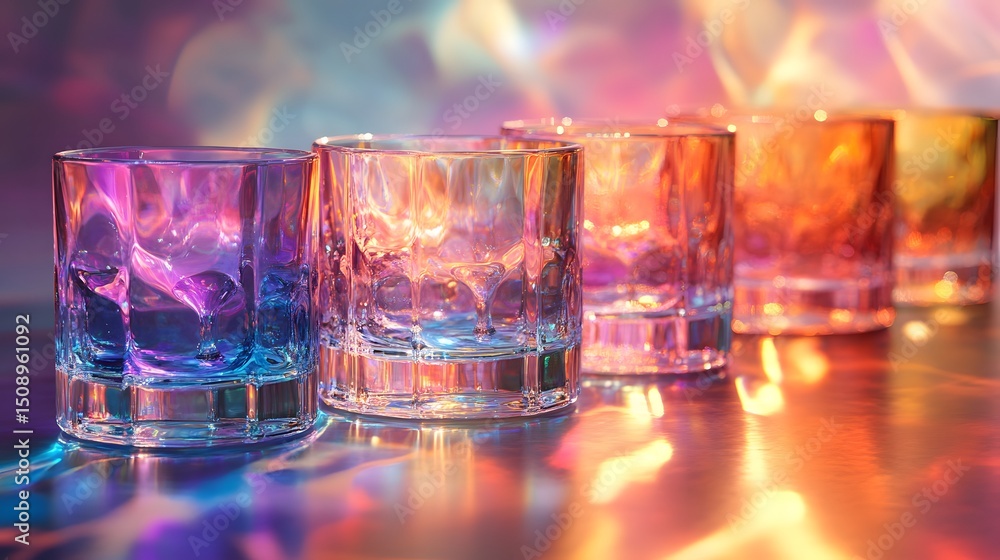 Poster row of clear glasses bathed in an array of multicolored light showcases an abstract theme. ideal for