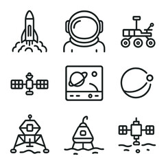 Space Exploration Icons. Outline icon set of space exploration and missions to other planets: rocket