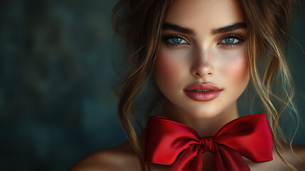 Beautiful young woman poses gracefully with a striking red bow, showcasing her radiant features against a soft background