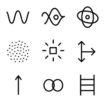 Quantum Mechanics Icons. Outline icon set of quantum mechanics: wavefunction psi, particle-wave duality, electron orbital,
