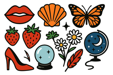 Cute illustrated icons isolated on a white background