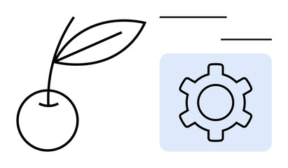 Cherry with leaf alongside gear on pastel background, symbolizing growth, productivity, innovation. Ideal for sustainability, technology, creative projects, nature, engineering progress simple