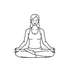 Woman meditating in lotus position, line art illustration, for wellness websites