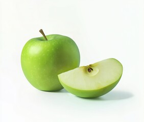 Green apple with a slice isolated on a white background, detailed photograph, aesthetic color palette, stock photography, high-resolution image, high detail.