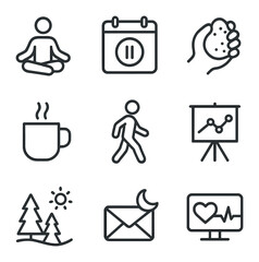 Stress Management Icons. Outline icon set of work-life balance in management roles: briefcase, yoga