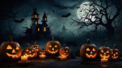 Fondo de Halloween: Composici&oacute;n Detallada con un Castillo T&eacute;trico, Luna Llena Resplandeciente, C&aacute;lidas Velas, Niebla Intrigante y Calabazas Radiante para Proyectos de Dise&ntilde;o Tem&aacute;tico