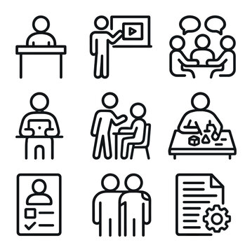 Student Learning Icons. Outline icon set of student-centered learning: learner at desk, interactive