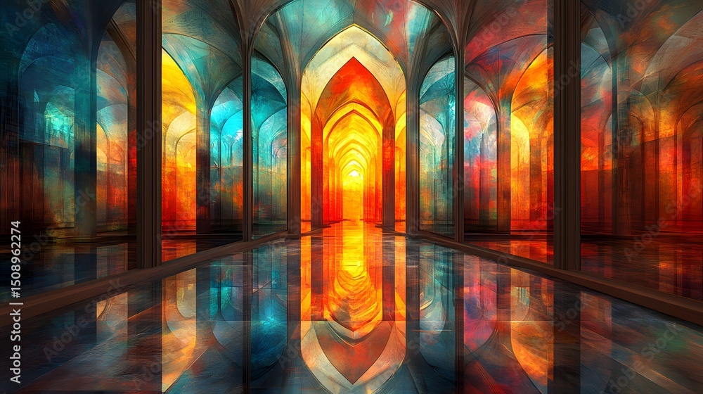 Poster an elaborate array of arches reflecting light. abstract theme, blending warm and cool tones in a sym