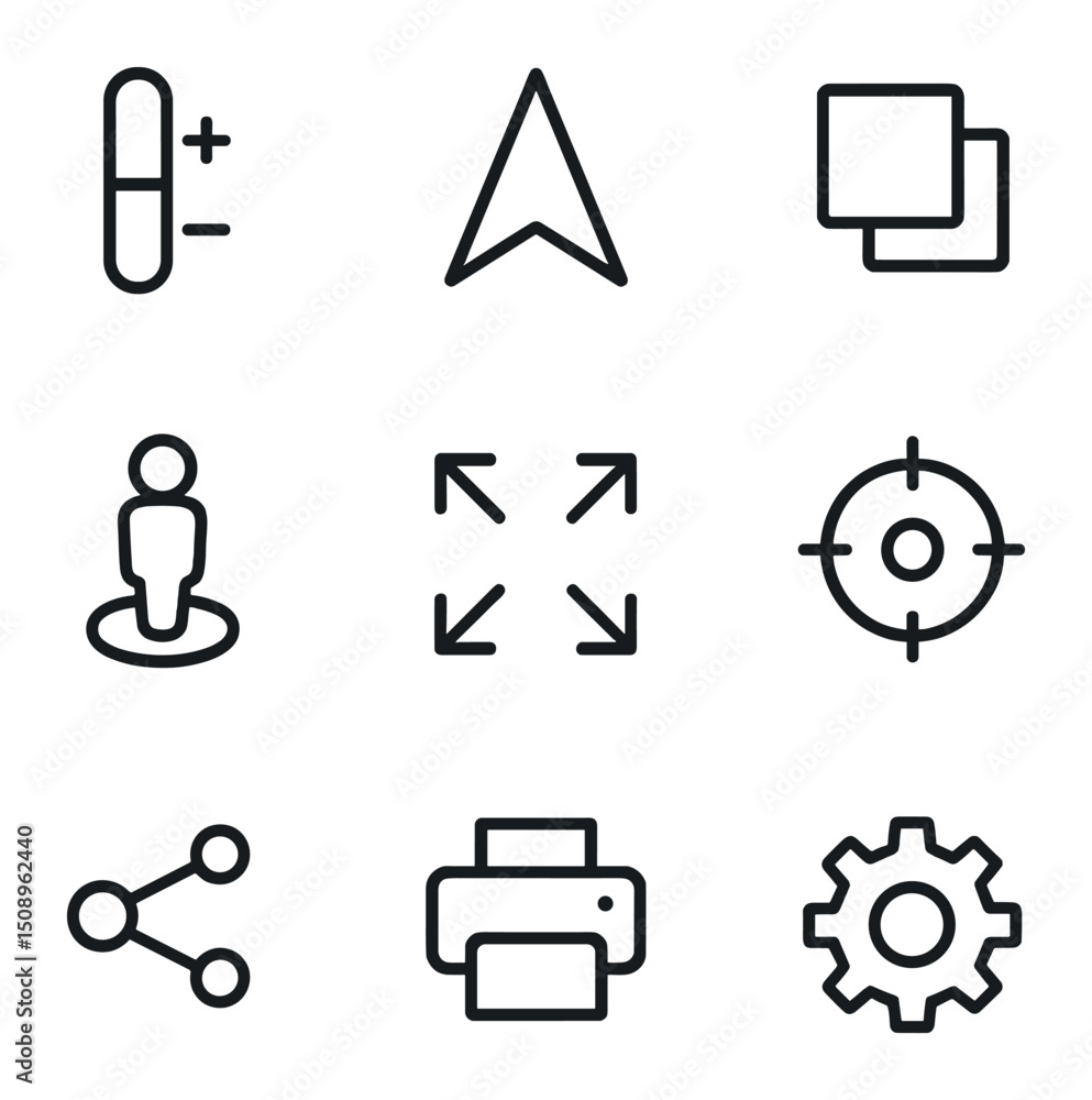 Poster map control icons. outline icon set of map controls: zoom slider, compass arrow, layer switcher, str