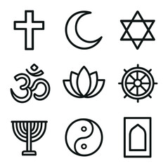 Religious Symbol Icons. Outline icon set of religious symbols: cross, crescent, star of david, om symbol, lotus flower, dharma