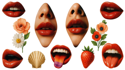 Red lips flowers strawberry collage isolated on a white background