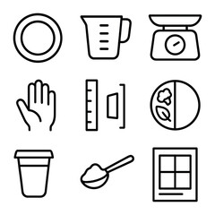 Portion Control Icons. Outline icon set of portion control tools: small plate, measuring cup, kitchen scale, hand portion guide,