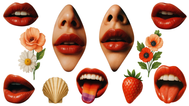 Red lips flowers strawberry collage isolated on a white background - Powered by Adobe