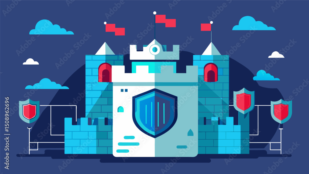Poster a fortified defense system that prevents unauthorized access to critical data.. vector illustration