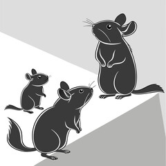 Cute chinchilla rodent family silhouette illustration in black and white minimal style