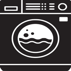 A black and white front view of a washing machine with water and bubbles inside the door window