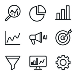 Fototapeta premium Marketing Analytics Icons. Outline icon set of marketing analytics: magnifying glass over graph, pie chart, bar chart, trend line,