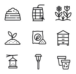 Sustainable Gardening Icons. Outline icon set of flower gardening: rose, tulip, daisy, flower pot,