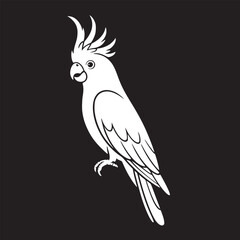 A white cockatoo illustration with a black background showing its crest and feathers clearly defined