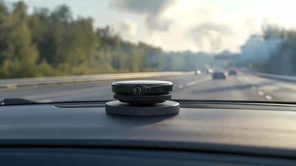 Small Device on a Car Dashboard during Highway Driving