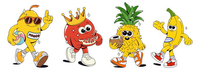 Funny Retro Groovy Tropical Fruit Characters. Mascot Mango, Pomegranate, Pineapple, Banana
