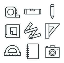 Measuring Tool Icons. Outline icon set of measuring and planning: tape measure, level, pencil, blueprint, folding ruler, square,