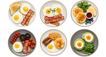 Variety of Hearty Breakfast Meals with Eggs, Bacon, Pancakes - Culinary Collection Isolated on Transparent Background