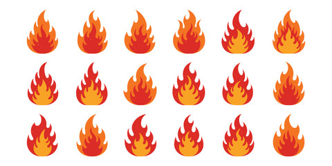 "Flame and Fire Icons Set – Flat Vector Illustrations of Burning Flames in Various Styles"