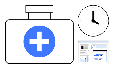 First aid kit with cross, analog clock display, and data dashboard with graphs and statistics. Ideal for health planning, medical services, time management, analytics, emergency preparedness