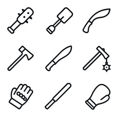 Melee Weapon Icons. Outline icon set of melee weapon arsenal: trench club, entrenching tool, kukri knife, tomahawk axe, machete