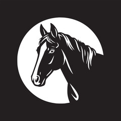 A black and white illustration of a horse head against a white circle on a black background art