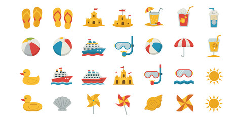 "Flat Summer Vacation and Beach Icons Set &ndash; Colorful Vector Illustrations of Flip-Flops, Sandcastles, Drinks, Boats, and Sun"