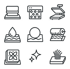 Printed Fabric Icons. Outline icon set of printed fabric motifs: screen print squeegee, digital print pattern, heat transfer press