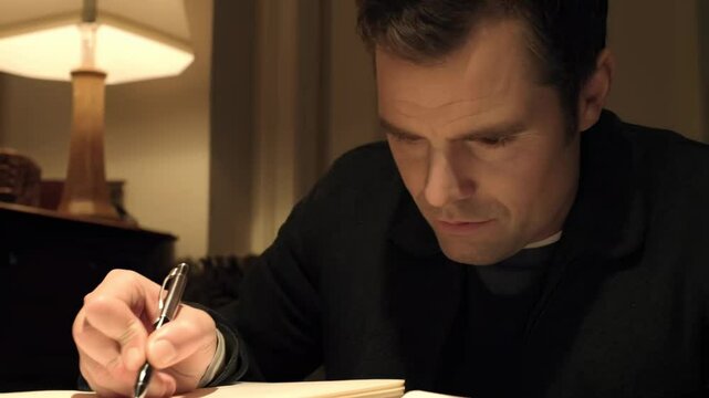 A man writing in a book with a pen.