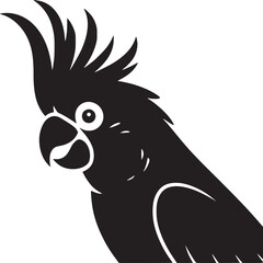 A stylized black and white illustration of a cockatoo with a distinctive crest on a white background