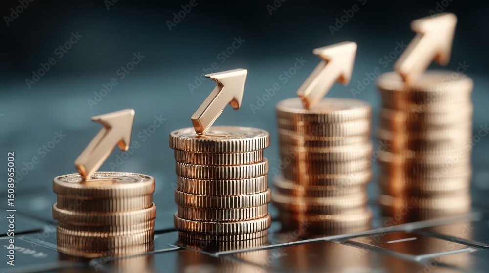 Poster stack of coins with an arrow on top representing economic progress and financial growth in the golde