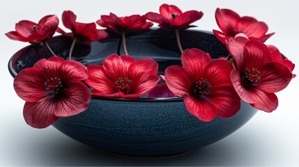Vibrant Zen Elegance. Red flowers delicately float in a deep blue ceramic bowl. Ideal for spa, wellness, or interior decor visuals.
