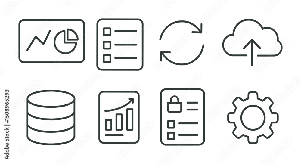 Poster data management and analytics icon set for digital projects