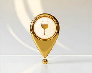 Gold Wine Glass Location Marker Icon on White Background